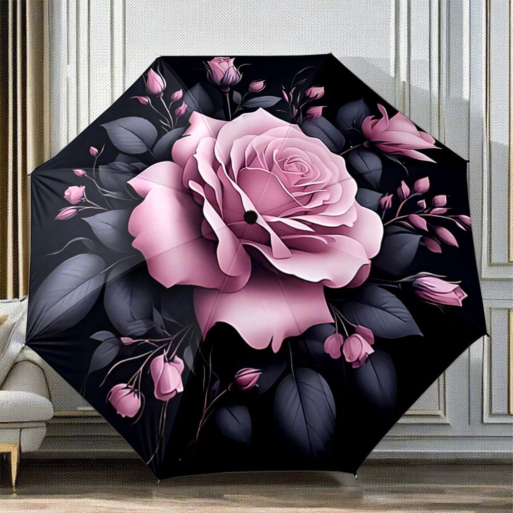 Modern Round Pink Rose Dark Pink Umbrella with Pattern Design