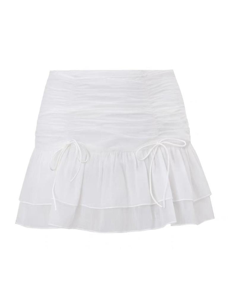 White Mini Skirt for Women Cute Sweet Style High Waist Mesh Splicing Ruffle Cake Skirt Y2k Clothing All-match Summer