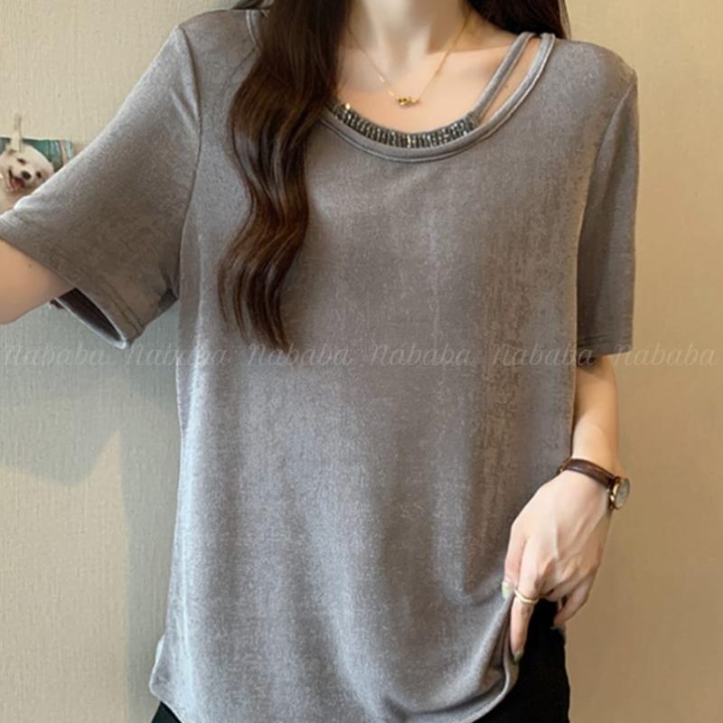 Navava Women Simple Daily Bead PoinT ShorT Sleeve T shirT nT2459