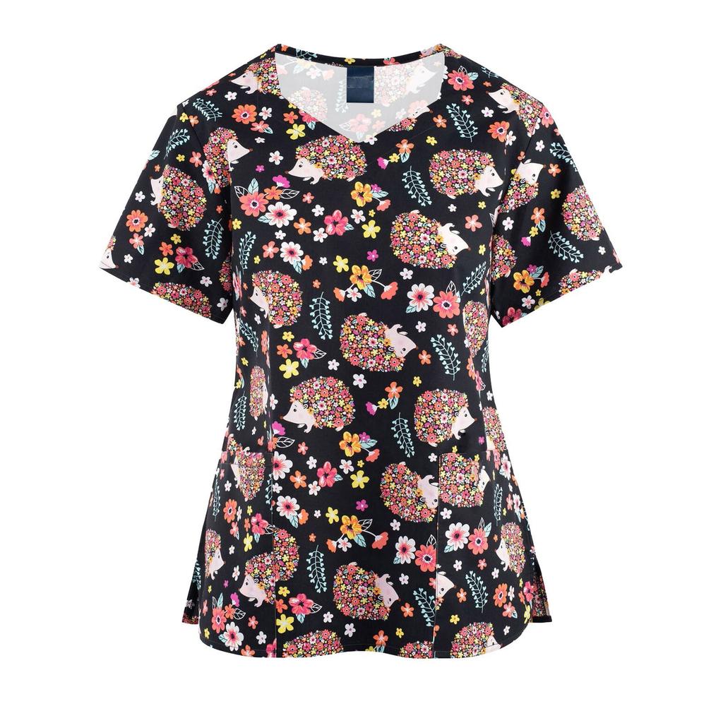 Women's Floral Print Scrub Top Short Sleeve V-Neck Medical Uniform Shirt for Nurses and Healthcare Professionals