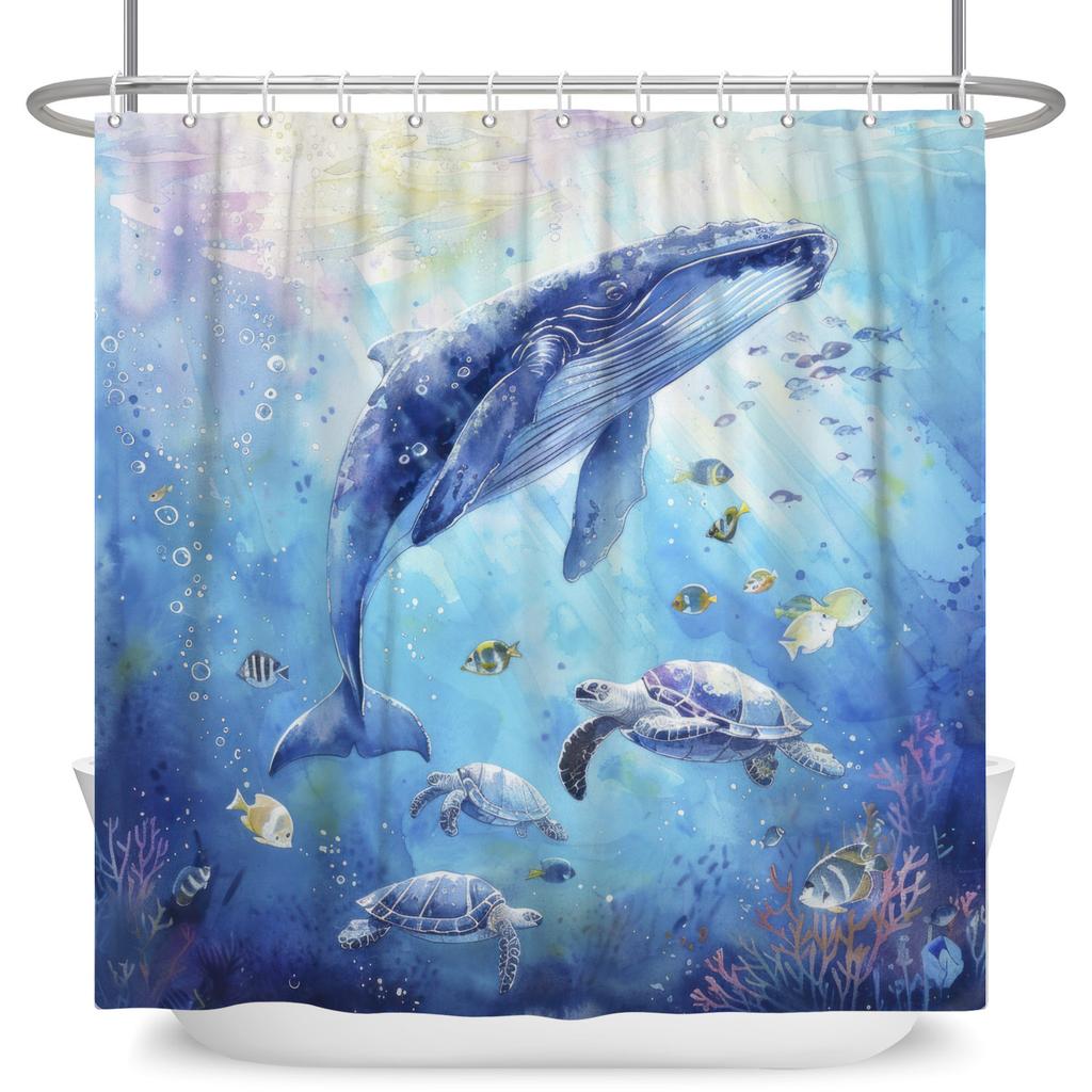 Underwater World Theme Bathroom Shower Curtain Sharks Turtles Jellyfish Decor Waterproof Bathroom Polyester Curtain With Hooks