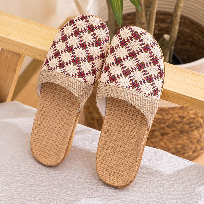 Women Indoor Linen Slippers Spring Summer Shoes Anti Slip Light Weight Breathable Lace Couples Home Floor Slides