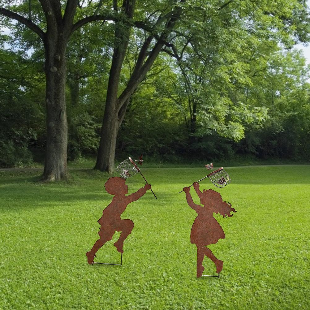 Children Silhouettes Chasing Metal Vintage Garden Silhouette Sculpture Yard Garden Metal Stake Decor