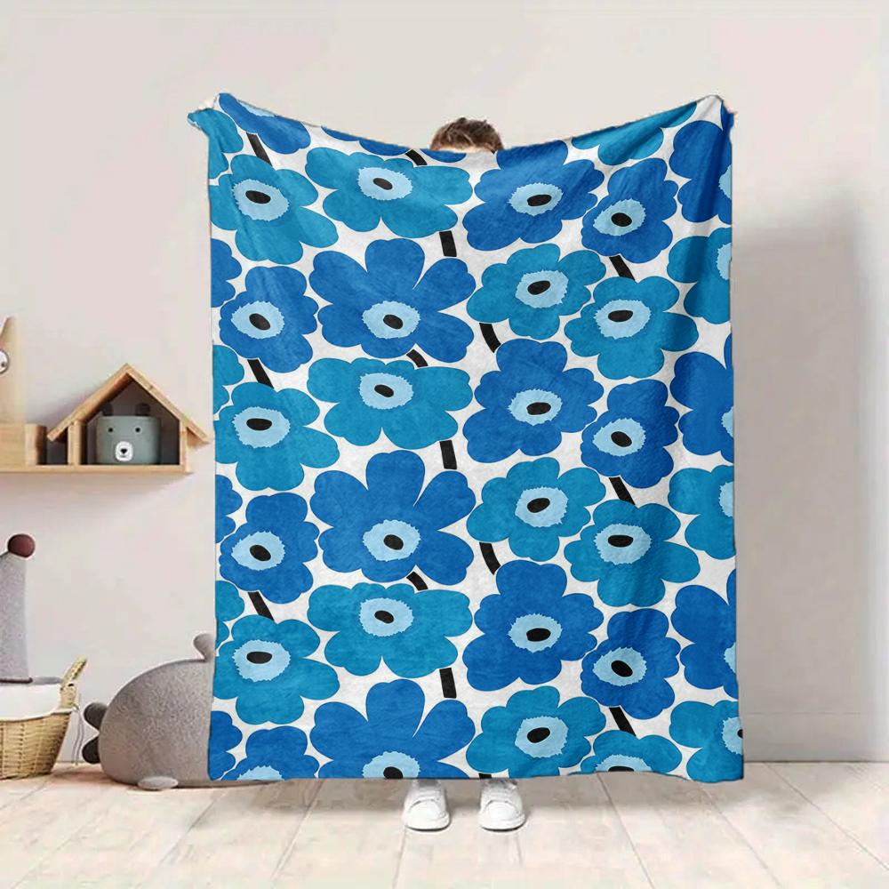 1Pc Blue Floral Blanket Soft And Comfortable Casual Warm Camping Travel Christmas Halloween Xmas Gift M928187