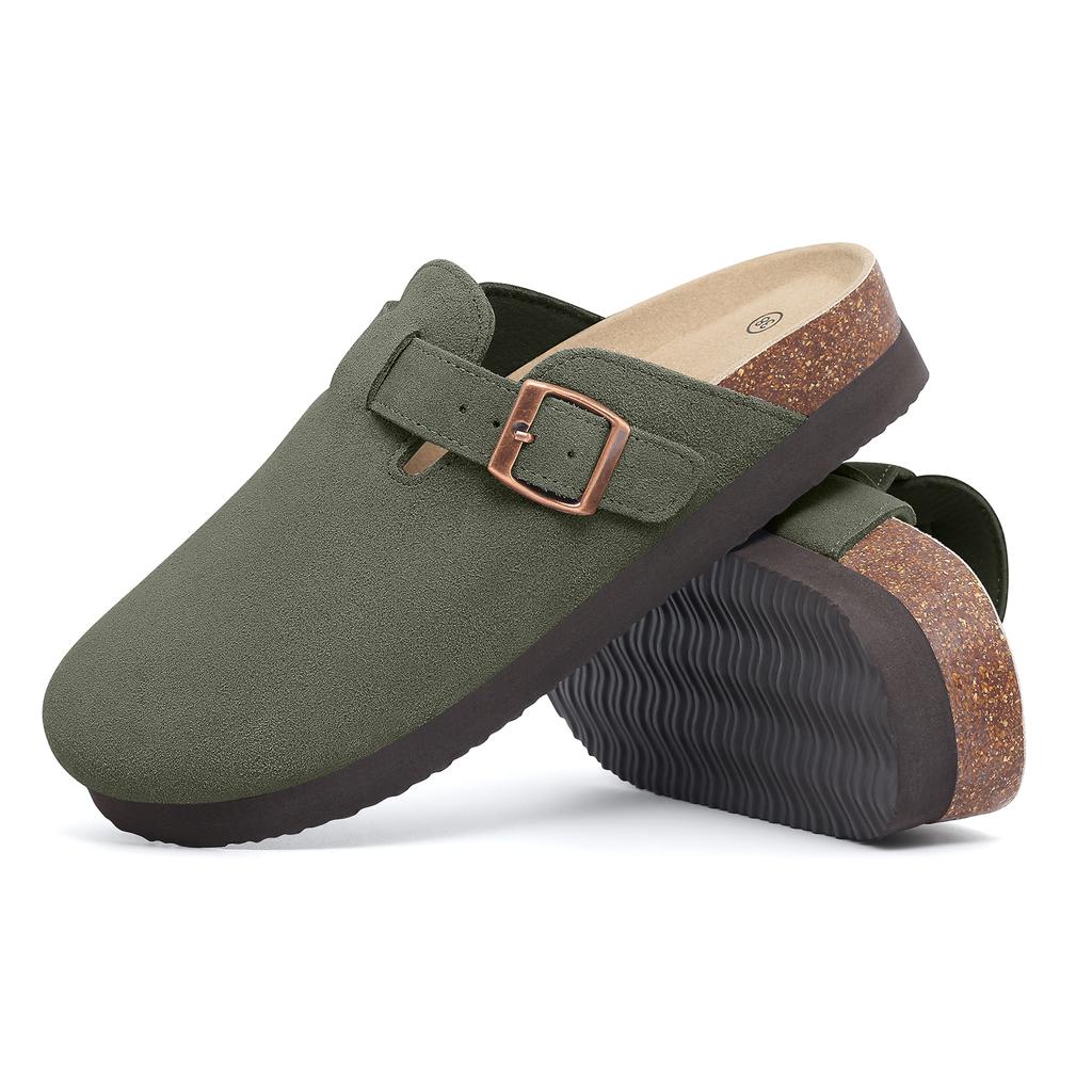 Fashion Smile Women's Leather Mules Slippers Suede Clogs With Adjustable Strap Cork Footbed Unisex Outdoor Comfortable Potato Shoes