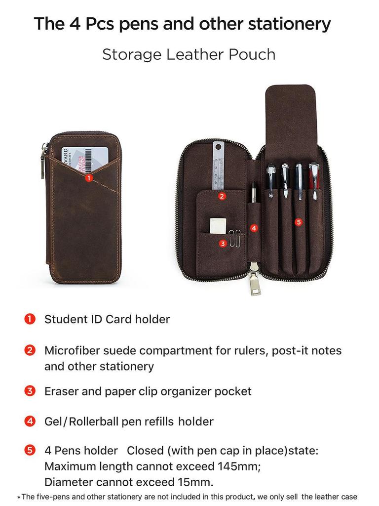 Ręcznie wykonany Retro Etui na długopisy ze skóry Crazy Horse - Pojemność na 4 długopisy, Wielofunkcyjny zamykany na zamek Pudełko na artykuły papiernicze dla studentów