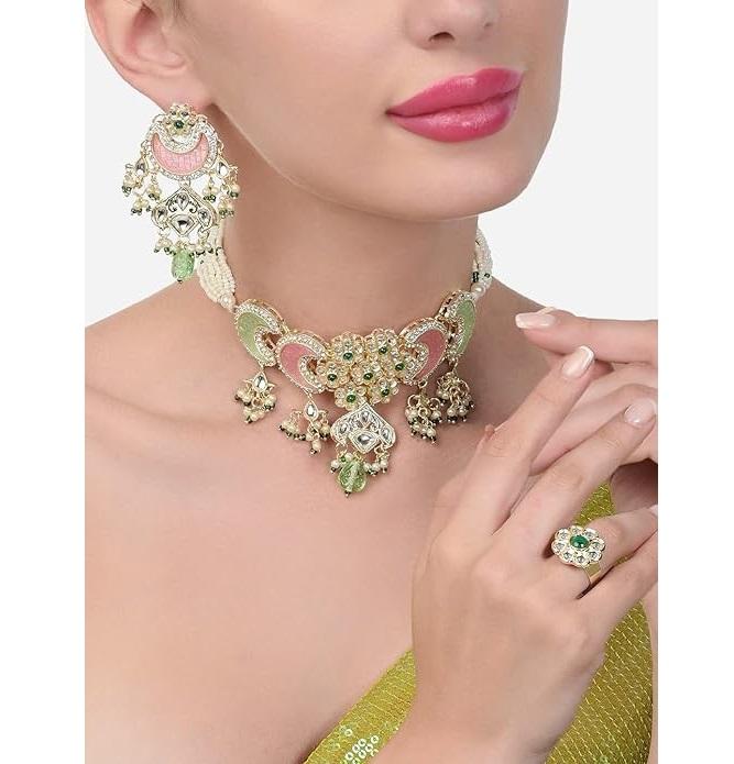 Pink Green Stones Beads Multistrand Kundan Choker Necklace Earring & Ring Set For Women