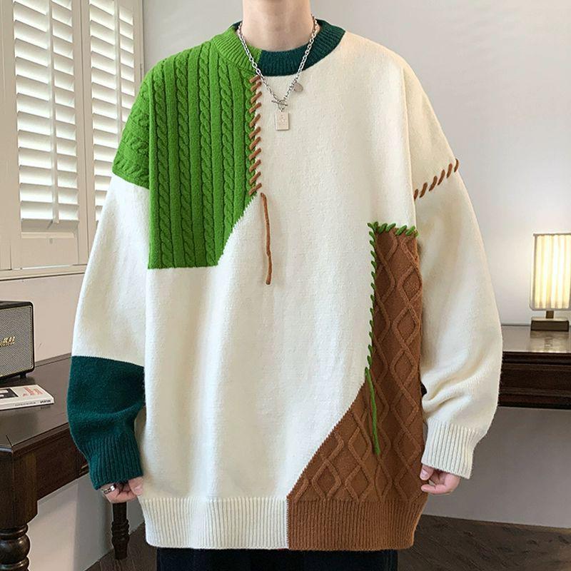 Men s Trendy Color Block Patchwork Round Neck Sweater XL зелёный
