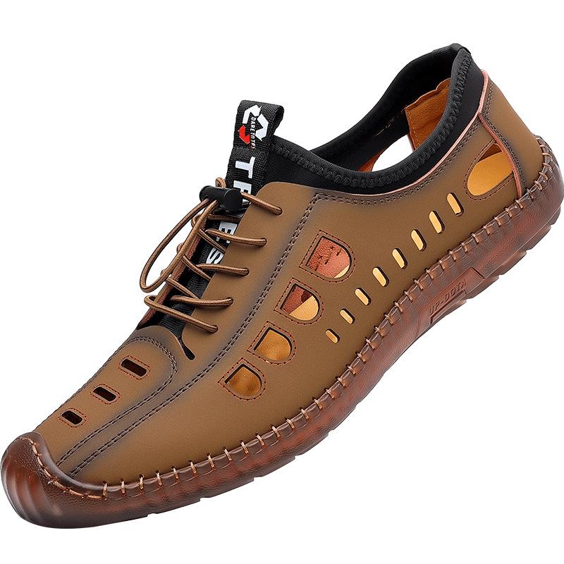 

Сандалии мужские летние туфли с полыми отверстиями на мягкой подошве, дышащие кожаные сандалии, универсальные повседневные туфли с одной педалью и подошвой из коровьего сухожилия для вождения 38