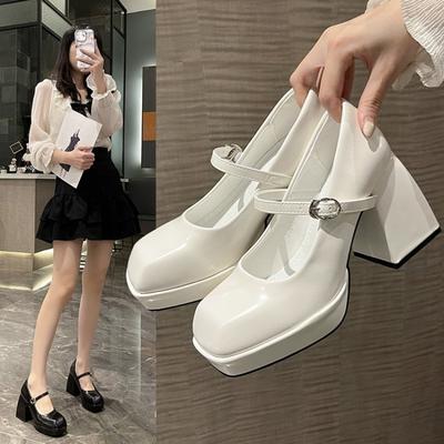 Fashion Platform Stiletto Heels Mary Janes Heels Shoes Women Patent Leather Chunky Square Toe Buckle Goth Women Pumps Heel On Shoes