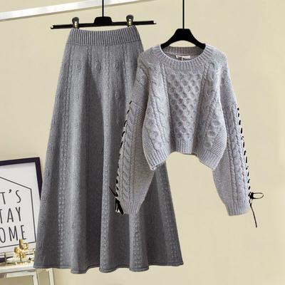 Fall Winter Women's Skirt Suits Pullover Knit Sweater Knit Skirt Two Piece Set Stretch Crew Neck Sweater A-Line Skirt Outfits