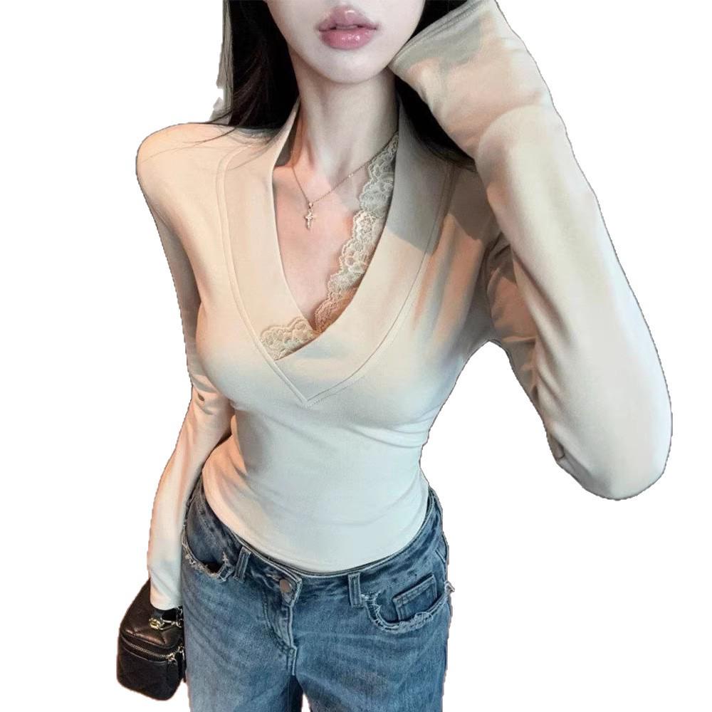 Women's Lace Patchwork V-neck Long-sleeve Top - Autumn/Winter Sexy Slim-fit Base Layer