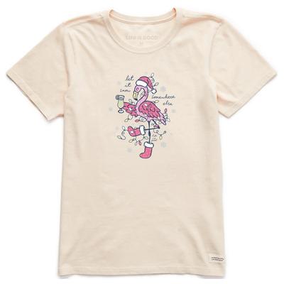 Life Is Good. Women's Let It Snow Flamingo Short Sleeve Crusher Tee, Putty White