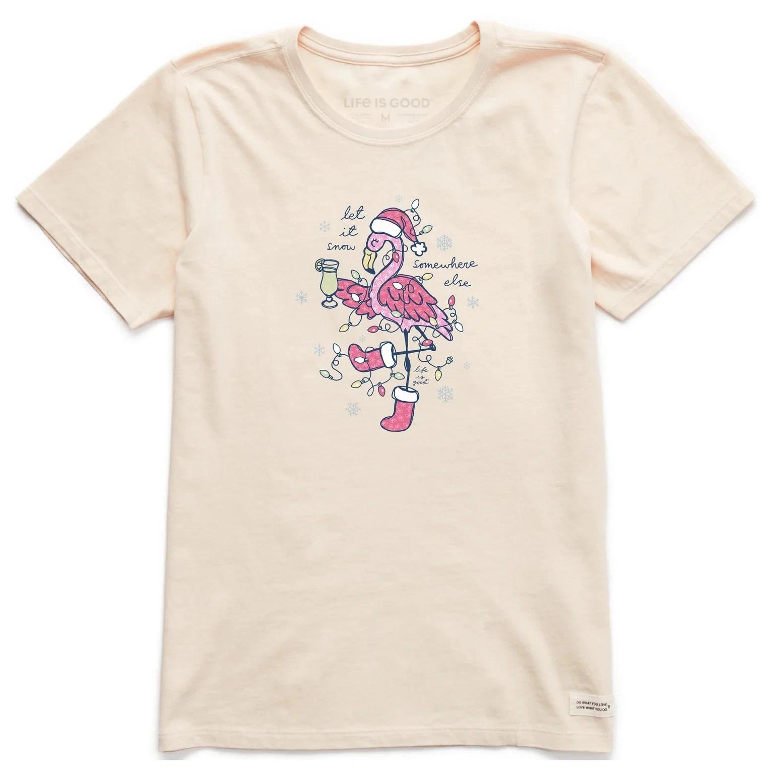 Life is Good. Women s Let It Snow Flamingo Short Sleeve Crusher Tee, Putty White 3XL