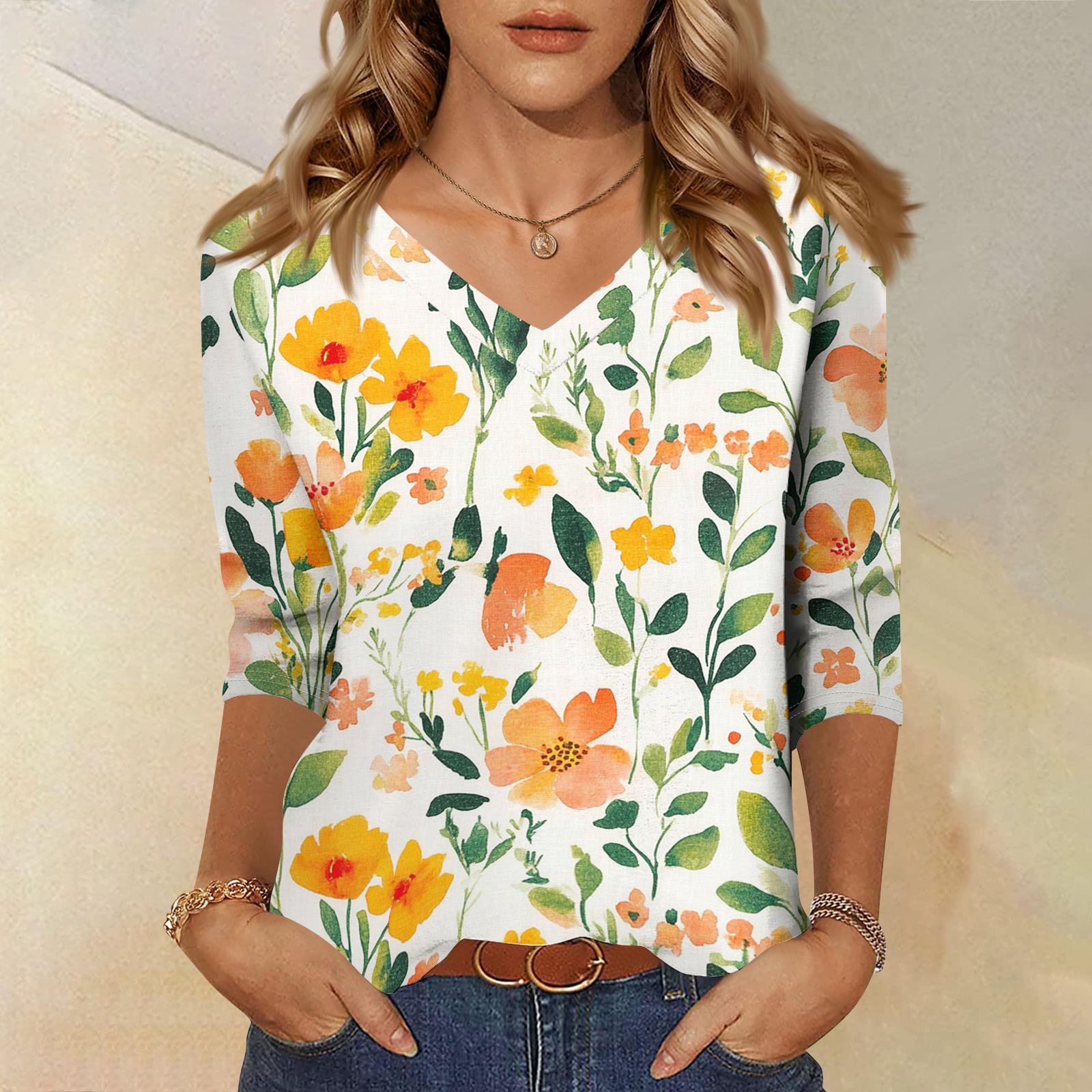

Women s Tops Three-quarter Sleeve Shirt V-neck Loose Casual Shirt Print T-shirt XL жовтий