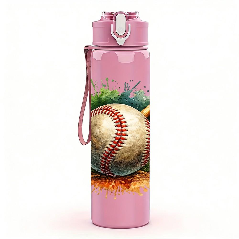 1PC Vintage Baseball Ball Pattern 750ml Color Plastic Sports Water Bottle Leakproof Flip Straw Lid Suitable for Sports Office Home Use