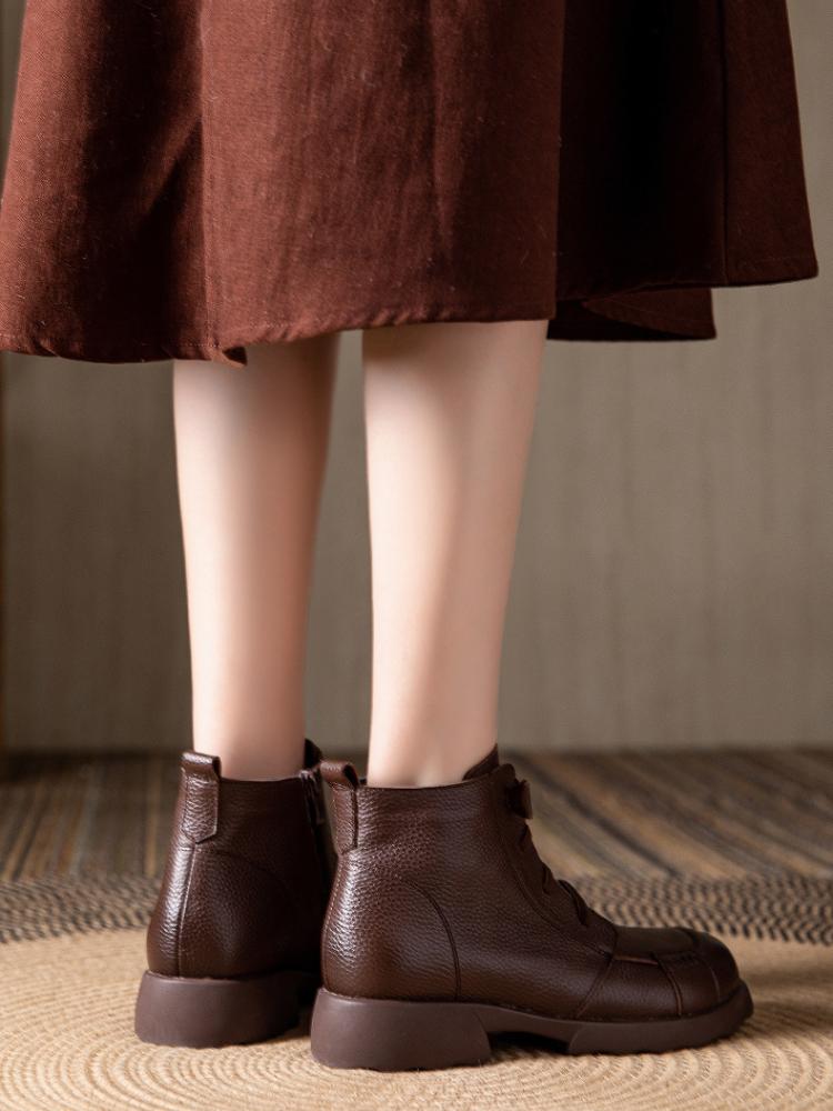 Johnature Genuine Leather Warm Round Toe Soft Soled Short Boots Low Heel Non Slip Casual Women's Shoes