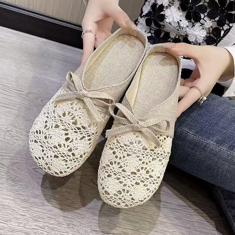 Lace bag head slippers women's linen new summer versatile outer wear mesh breathable non-slip half slippers sandals women