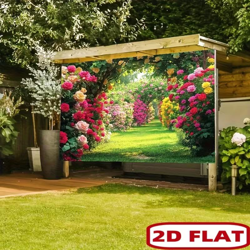 2D Spring Flower Garden Backdrop, Green Grass & Colorful Roses Background