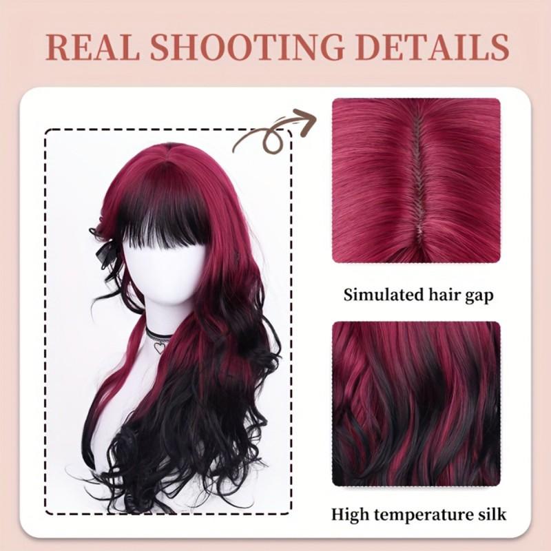 Long Wavy Synthetic Wig With Black To Red Ombre Highlights Gothic Style Full Cap Hairpiece Women
