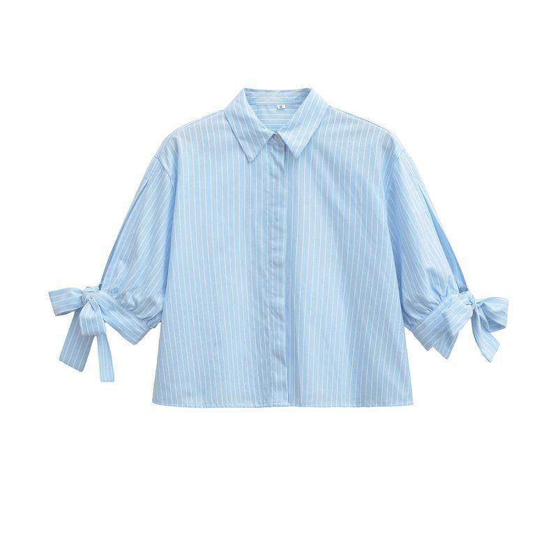 

Kaslead New Women clothes Western Style Fashion Bowknot Decoration Stripe Shirts 8309810 046 Light Blue L