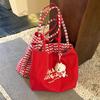 Red Casual Checked Canvas Bag Women's Large Capacity Letter Shoulder Tote Bag Double Sided Back Commuter Bag