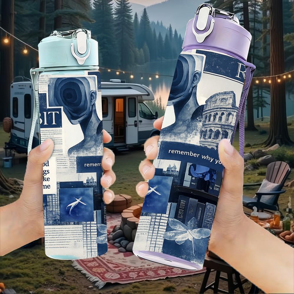1PC Blue Tone Vintage City Collage Print 750ml Color Plastic Sports Water Bottle Leakproof Flip Straw Lid Suitable for Sports Office Home Use