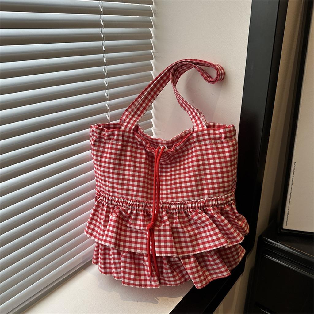 Check Pattern Tote Bag Lace Trim Street Daily Bag Multi-Way Shoulder Bag Large Capacity Large Capacity Handbag For Daily School