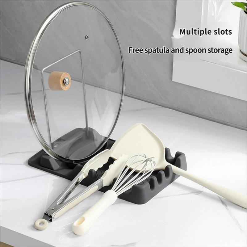 Spatula Rest and Pot Lid Rack with Partitioned Drain Tray, Metal Frame Stand for Sink Area, Table Side Service and Daily Cooking for Kitchen Counter