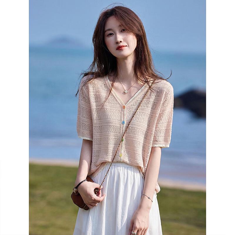 Women s Summer V-Neck Short Sleeve Knit Cardigan Top M