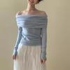 French temperament off-shoulder knitted bottoming shirt women's spring and autumn gentle pure desire slim-fitting one-word shoulder long-sleeved top