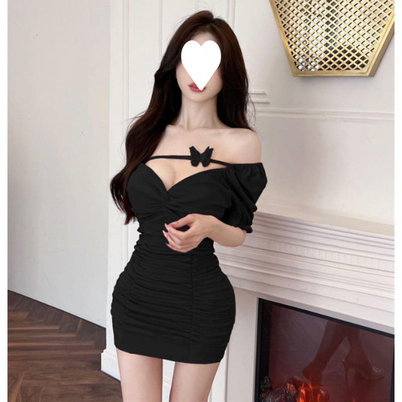 2024 Summer Celebrity Sexy Dress: Elegant Short Sleeve, Slimming Hip-Wrap with Exposed Collarbone