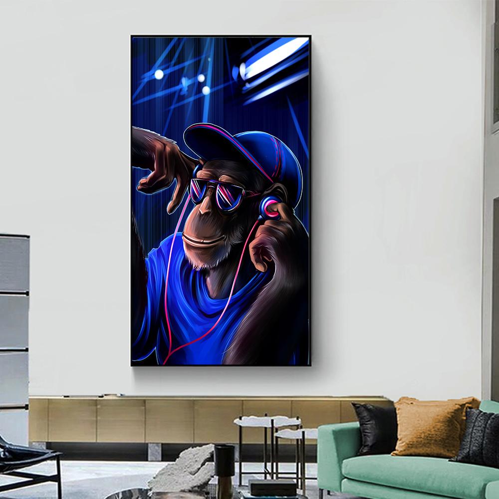 DJ Musik Affe Poster Home Malerei Blauer Hintergrund Leinwand Gemälde Moderne Tier Bild Kunst Wandkunst Kein Rahmen