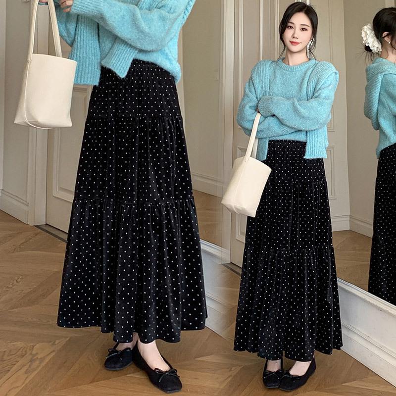 2025 Autumn/Winter Women's Polka Dot Velvet A-line Midi Skirt with Elastic Waist