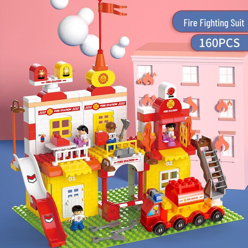 Children's Educational Building Blocks - Police and Fire Station Set with Engineering Vehicles, Large Pieces, Ideal Gift for Boys