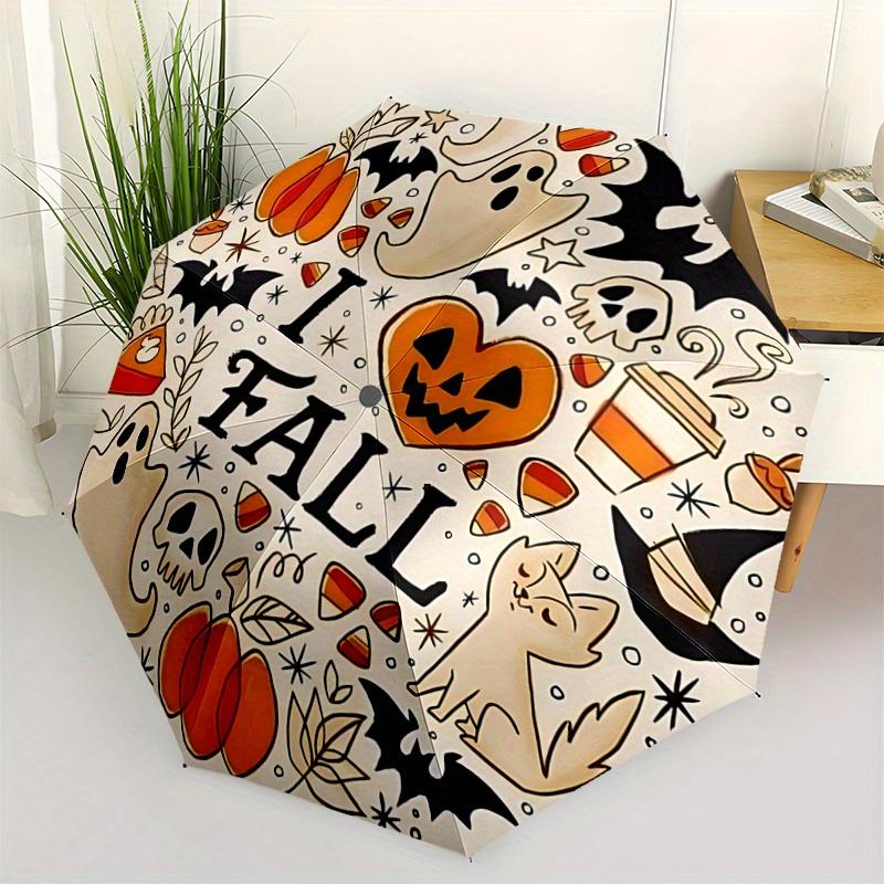 

1pc I Heart Fall Halloween Pattern Umbrella, Fashionable, High-Value Folding Umbrella, a Must-Have for Summer, 8-Rib Durable Iron Frame, Tri-Fold Comp