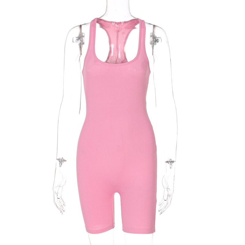 Women's Solid Color High Waist Tight-Fitting Knit Suspender Shorts Sports Yoga Jumpsuit
