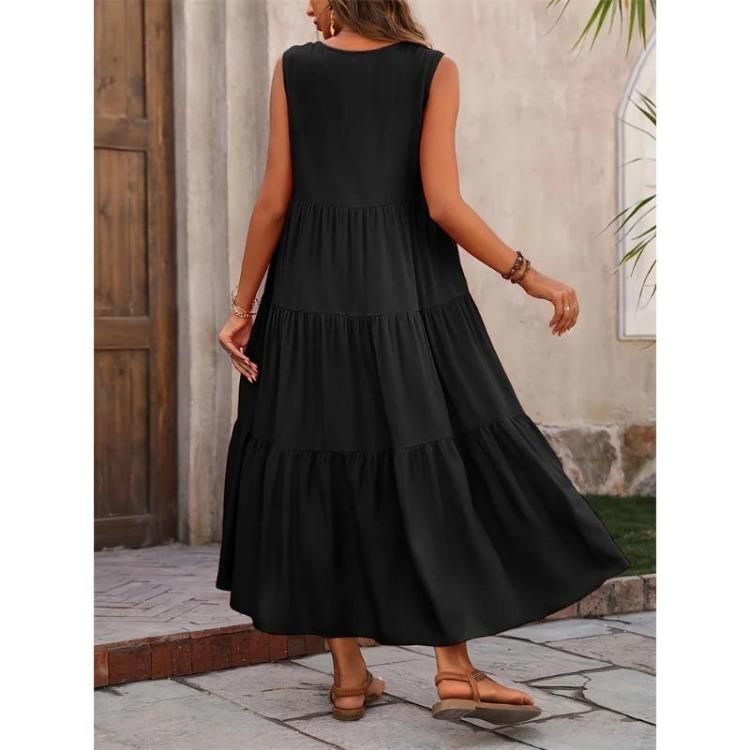 Women Casual Vacation Beach Dress Elegant V-neck Loose Long Dresses Holiday Femme Yellow Black RUFFLES Summer