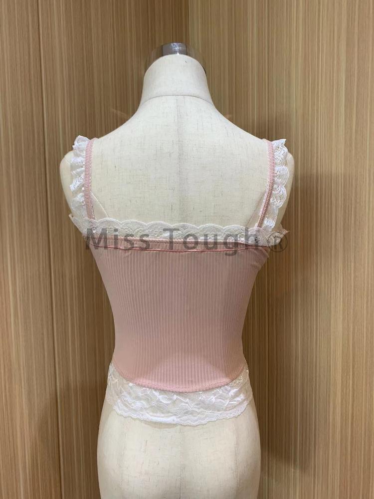 Розовый корейский стиль Kawaii Lolita Vset женский белый японский милый милый топ на бретелях женский синий кружевной сексуальный укороченный топ принцессы Франции новый