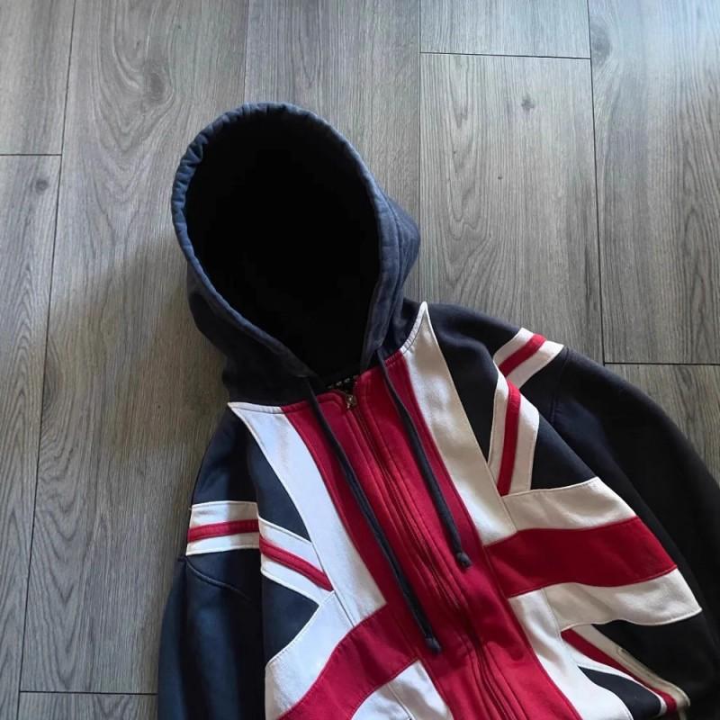 Union Jack Hooded Zip Sweatshirt Loose Streetwear Couple Casual Top