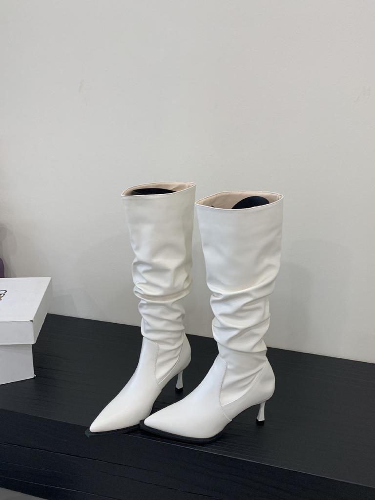 2025 Maillard brown boots women's but knee pointed boots thick heel thin pleated pile boots