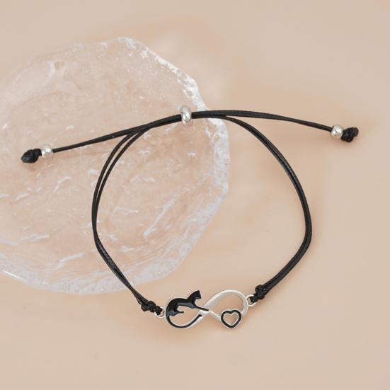 Women Bracelet Oil-dropping Handmade Braided Adjustable Soft Love Heart Black Cat Charm Rope String