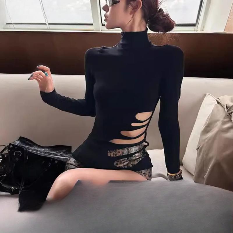 Europäischer und amerikanischer Retro Spicy Girl Langarm-Rollkragen-Ausschnitt Damen Slim-Fit Schlankmachendes Oberteil