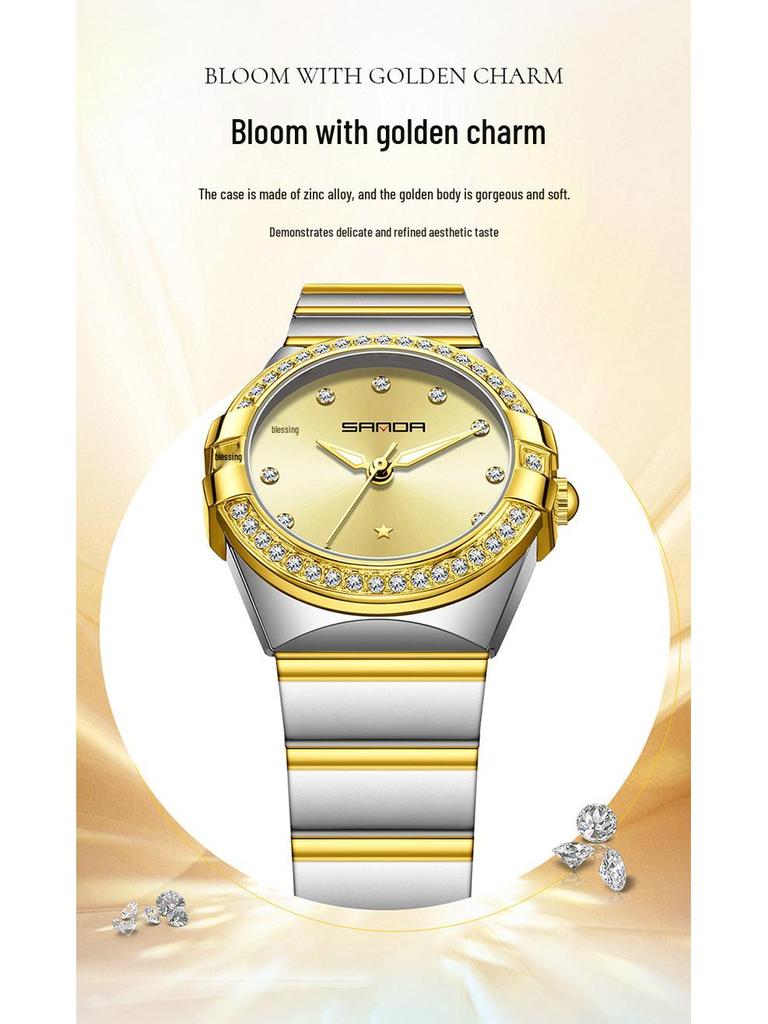 SANDA Dames Luminous Kwarts Horloge: Stalen Band, Bez Diamonds, Waterdicht, met Sunray Parelmoer Wijzerplaat.