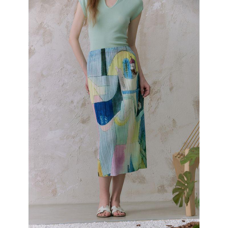 Aozhi State Artistic Sense Abstract Pattern Print Back Slit Pleat Skirt Elastic Waist Straight Midi Dress SW