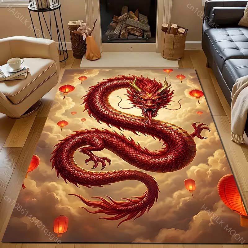 1PC Red Dragon with Floating Lanterns Carpet for Living Room Bedroom Sofa Home Decor Rus Non-slip Floor Mat Luxury Gift