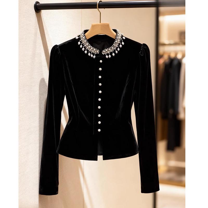 Зимний 2025 года Французский Шик Черный Бархатный Топ для Женщин M