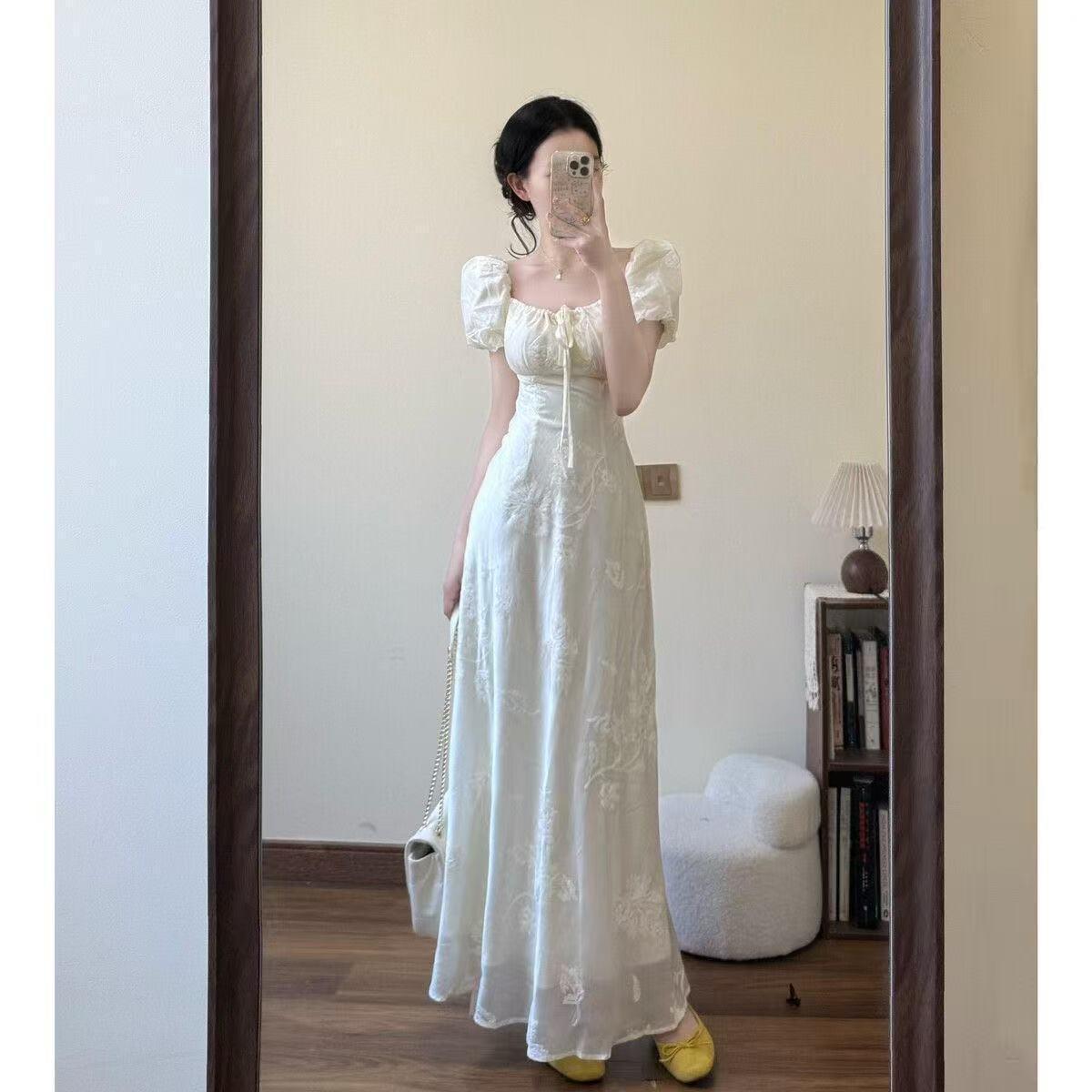 Elegant French Puff Sleeve Embroidered Square Neck Dress for Women - Summer 2026 L 53-56 kg