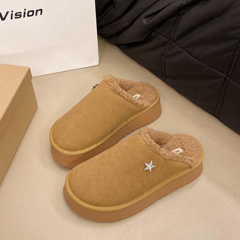 Fashion Women's Fashion Baotou Slippers Winter New Round Head Suede Deep Mouth Thick Sole Anti-slip Wear-resistant Flat Cotton Shoes