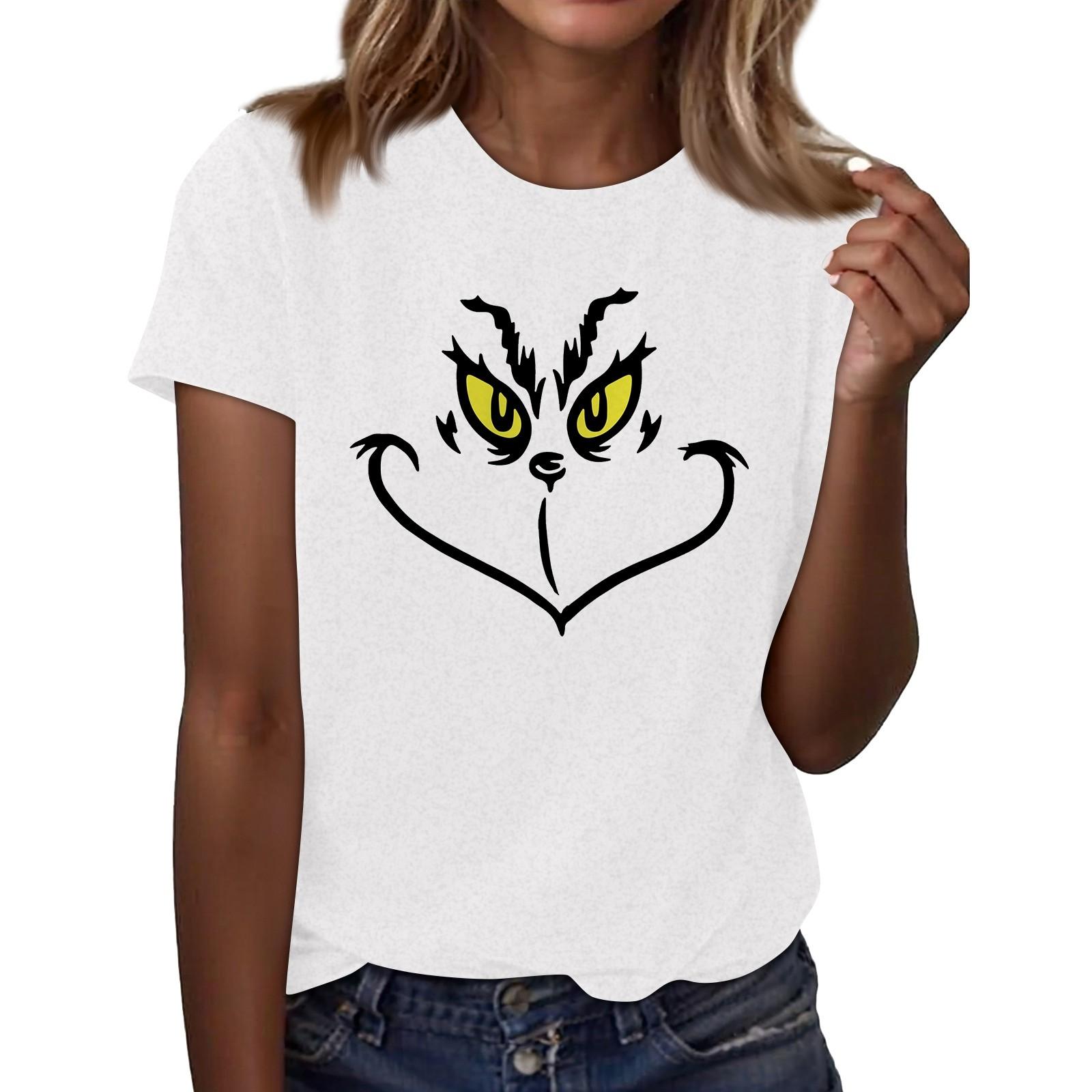 

Women s Casual Christmas Printed Short Sleeved Loose Round Neck Pullover Top Top L белый